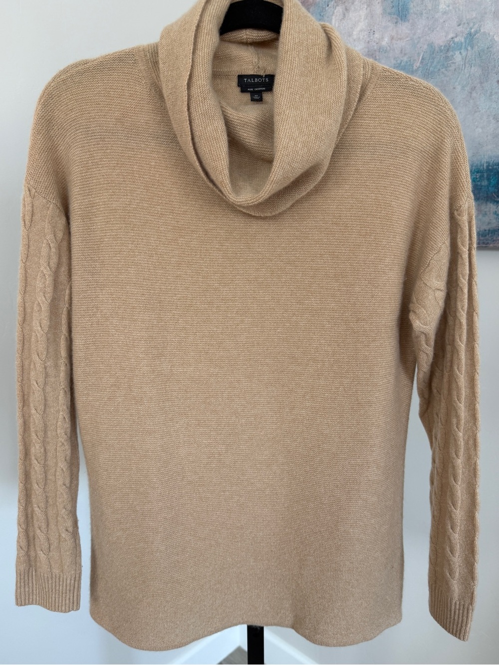 Talbots Womens M 100% Cashmere Cowl Neck Sweater Camel Cable Knit Drop Shoulder